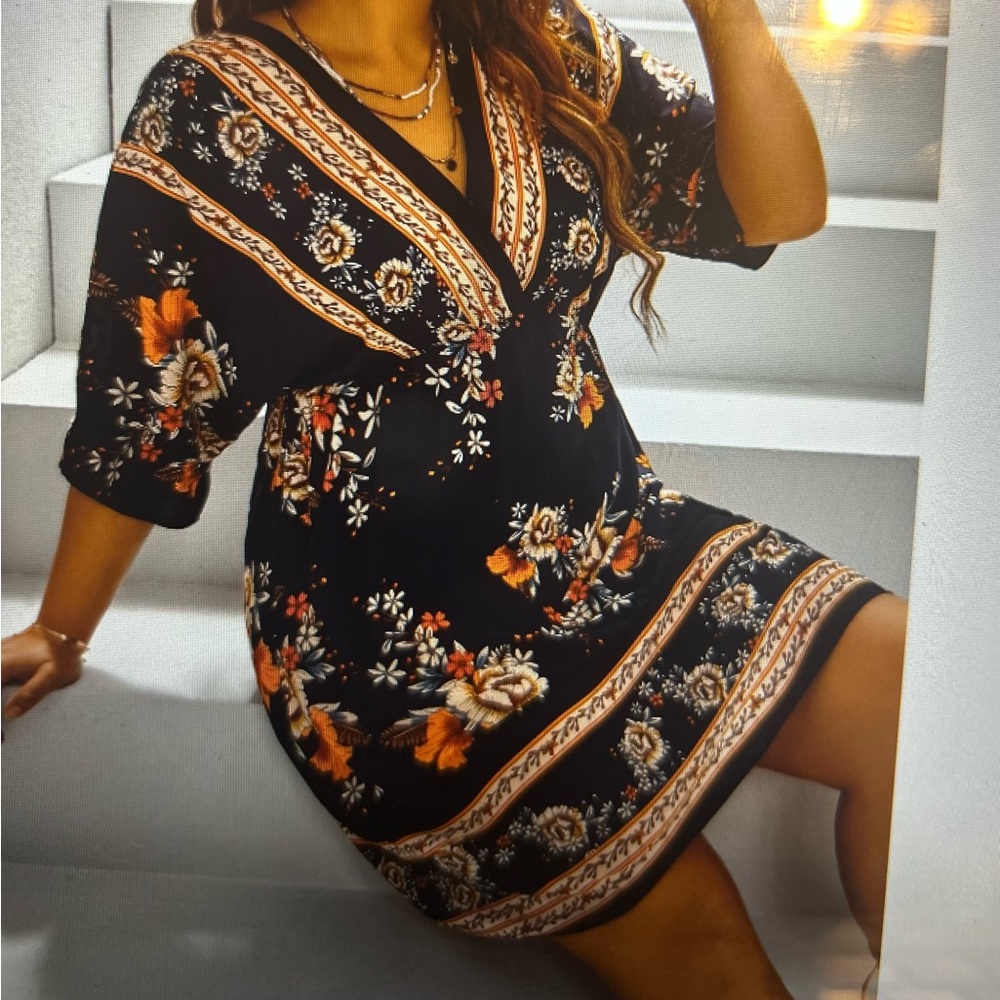 NWOT-SheinVcay Floral Print V Neck Dress-Navy Blue w/ Orange& White Accents.